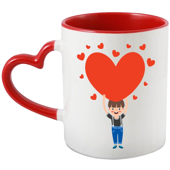 Cana Cu Copil, Inimi, Baiat, Dragoste, Iubire, Salopeta, Multicolor 330 ml, Ceramica cu Maner Inima Rosie