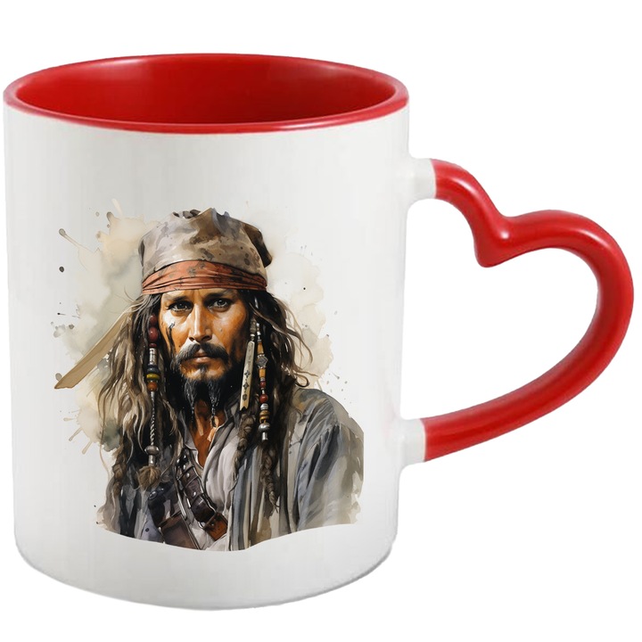 Bögre Jack Sparrow-val, Karib-tenger kalózai, kalóz, sál, szakáll, filmek, többszínű 330 ml, kerámia, piros szív fogantyúval
