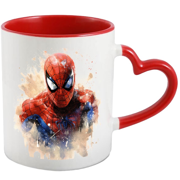 Cana Cu Spiderman, Peter Parker, Costum, Marvel, Avengers, Supereroi, Multicolor 330 ml, Ceramica cu Maner Inima Rosie