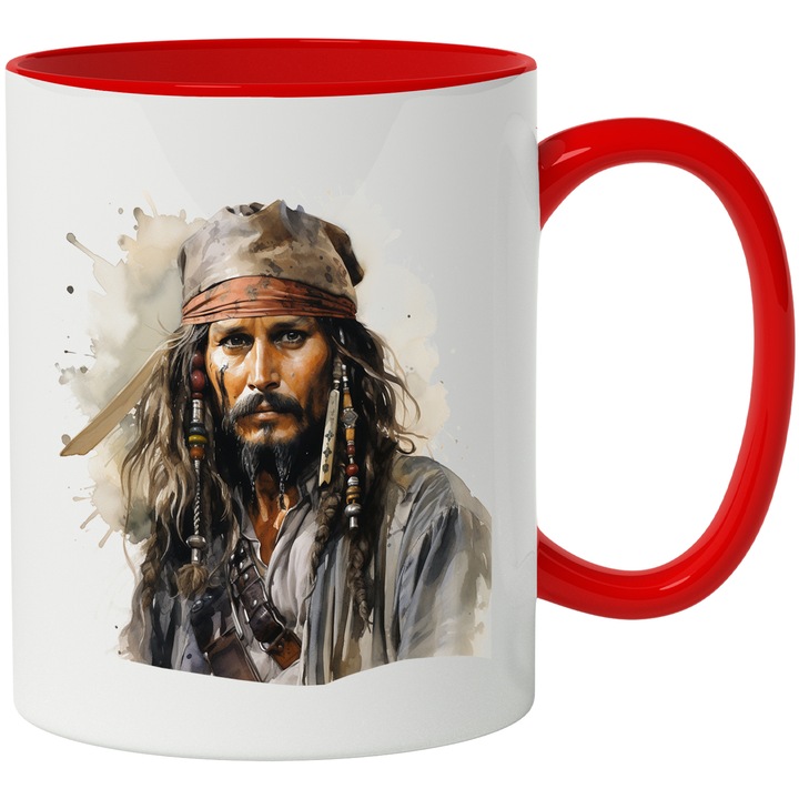 Bögre Jack Sparrow-val, Karib-tenger kalózai, kalóz, sál, szakáll, filmek, többszínű 330 ml, kerámia piros fogantyúval