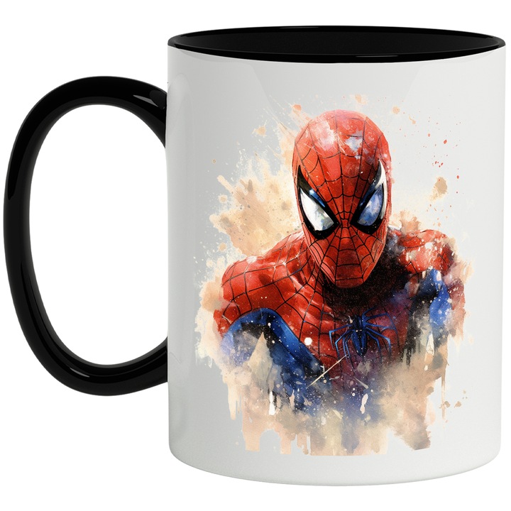 Cana Cu Spiderman, Peter Parker, Costum, Marvel, Avengers, Supereroi, Multicolor 330 ml, Ceramica cu Maner Negru