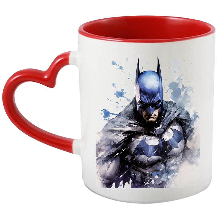 Cana Cu Batman, Supereroi, DC, Costum, Liliac, Personaj Fictiv, SF, Multicolor 330 ml, Ceramica cu Maner Inima Rosie
