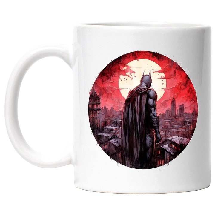 Cana Cu Batman, Gotham, DC, Oras, Luna, Cerc, Cer, Supereori, Multicolor 330 ml, Ceramica cu Maner Alb
