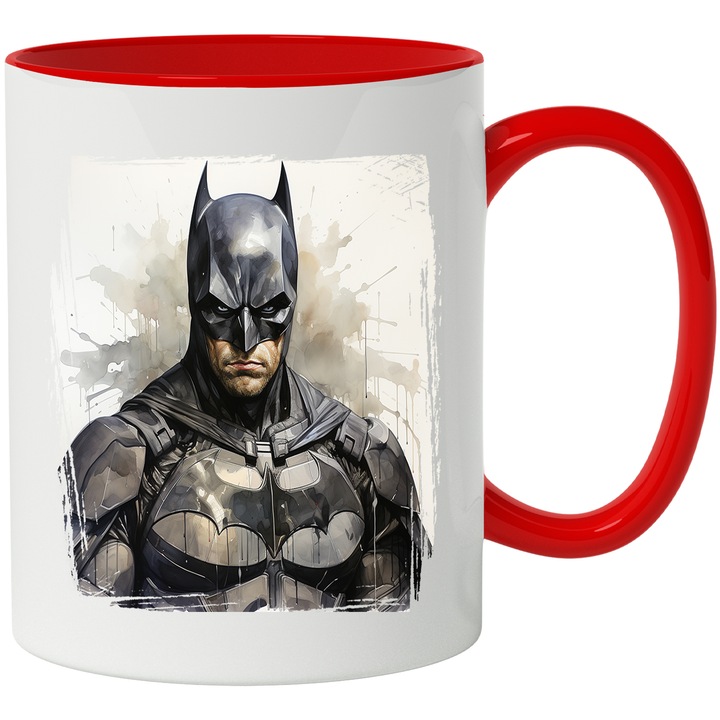 Cana Cu Batman, Patrat, Portret, Costumatie, DC, Supererou, Multicolor 330 ml, Ceramica cu Maner Rosu