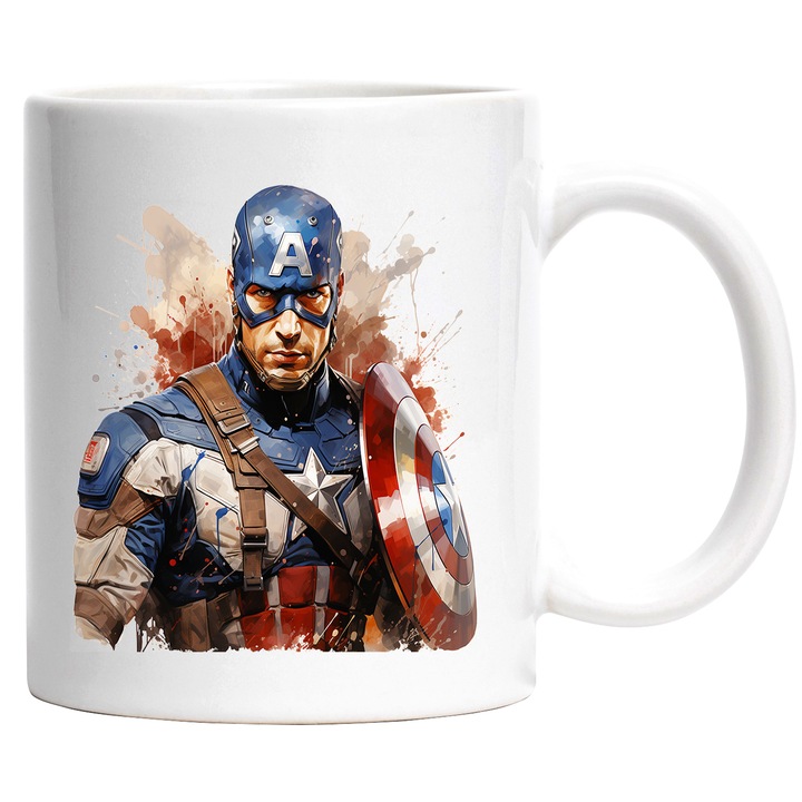 Cana Cu Captain America, Scut, Avengers, Marvel, Supereroi, Stea, Multicolor 330 ml, Ceramica cu Maner Alb