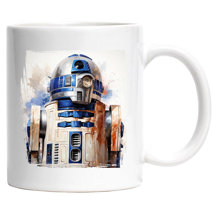 Cana Cu R2D2, Star Wars, Robot, Personaj, SF, Ilustratie, Multicolor 330 ml, Ceramica cu Maner Alb
