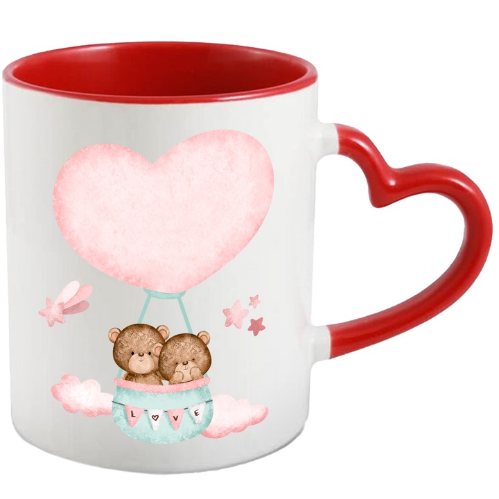 Cana Cu Balon Cu Aer Cald, Inima, Nori, Ursuleti, Cuplu, Stele, Multicolor 330 ml, Ceramica cu Maner Inima Rosie