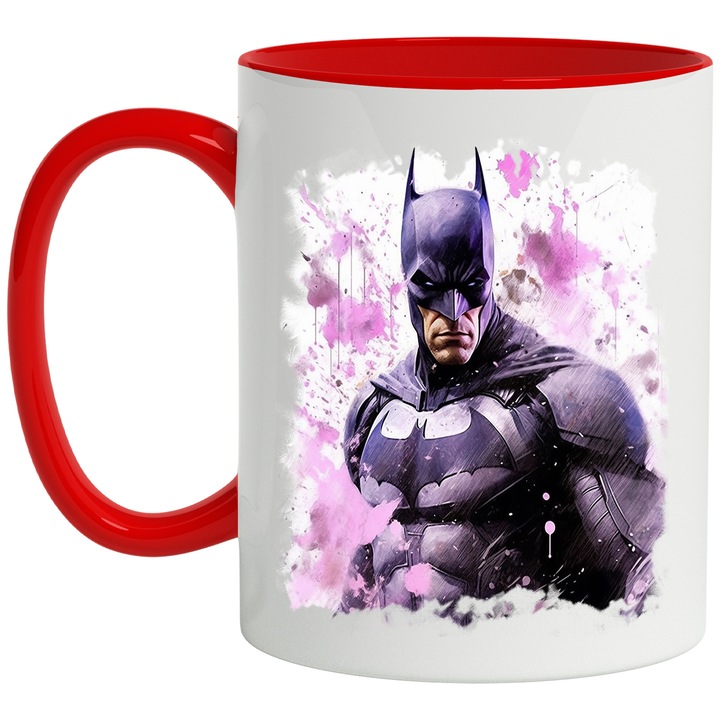 Cana Cu Batman, Ilustratie, Supererou, DC, Bruce Wayne, Vopsea, Multicolor 330 ml, Ceramica cu Maner Rosu