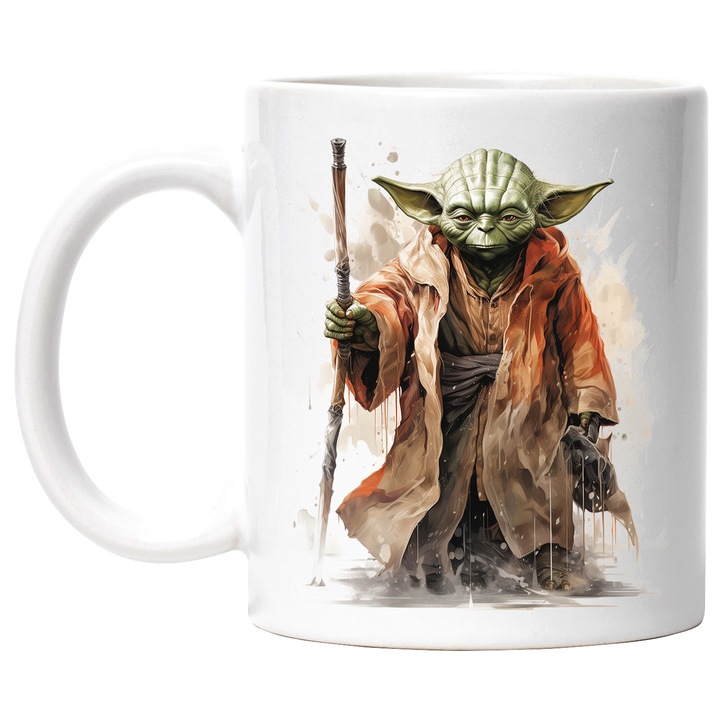 Cana Cu Yoda, Toiag, Ploaie, Maestru, Jedi, Star Wars, Multicolor 330 m, Ceramica cu Maner Alb