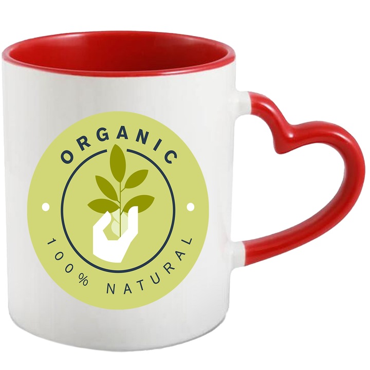 Bögre angol nyelvű üzenettel organikus 100% természetes, kézi, ág, levelek, pöttyös, többszínű 330 ml, kerámia, piros szív fogantyúval