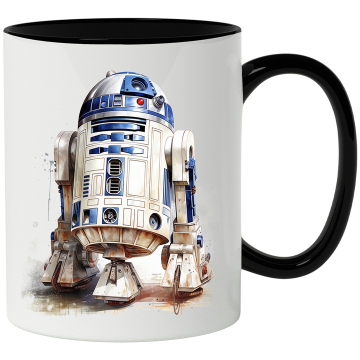 Cana Cu Robot, R2-D2, Star Wars, Fire, Sci Fi, Iubitori De Filme, Multicolor 330 ml, Ceramica cu Maner Negru
