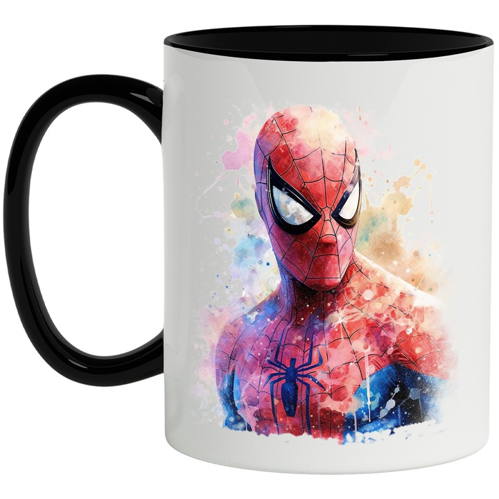 Cana Cu Spiderman, Ilustratie, Marvel, Avengers, Costum, Supererou, Multicolor 330 ml, Ceramica cu Maner Negru