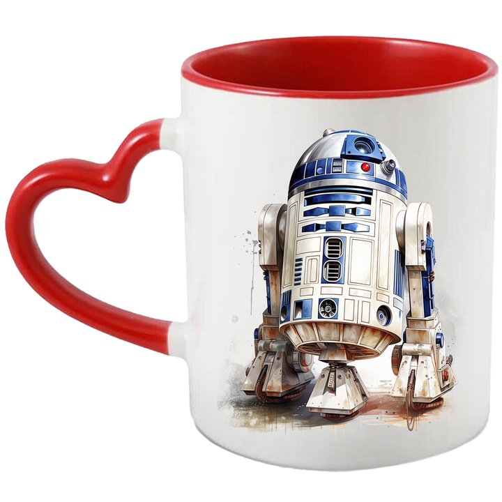 Cana Cu Robot, R2-D2, Star Wars, Fire, Sci Fi, Iubitori De Filme, Multicolor 330 ml, Ceramica cu Maner Inima Rosie