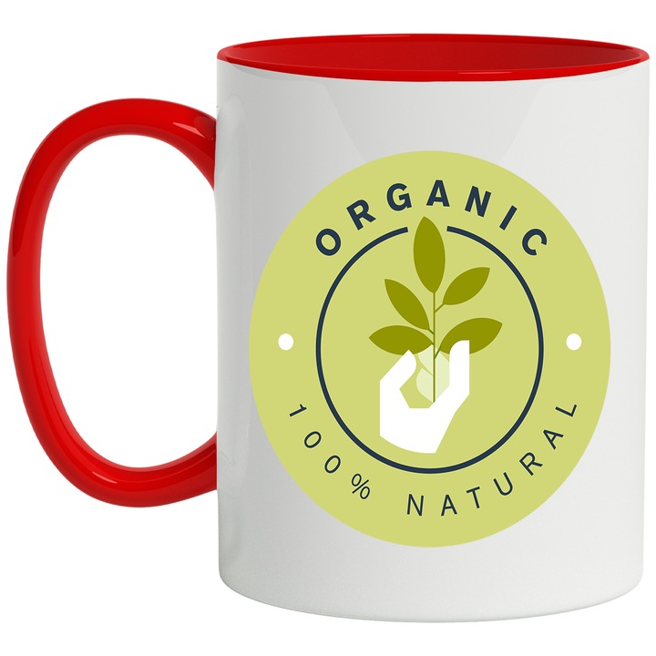 Bögre angol nyelvű üzenettel organikus 100%-ban természetes, kézi, ág, levelek, pöttyös, többszínű 330 ml, kerámia piros fogantyúval