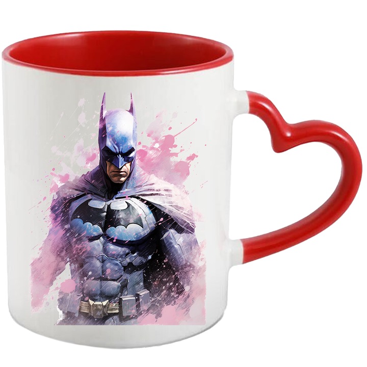 Cana Cu Batman, Masca, DC, Pelerina, Supererou, Ilustratie, Multicolor 330 ml, Ceramica cu Maner Inima Rosie