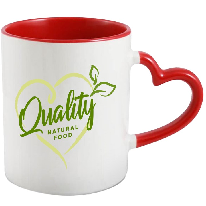 Cana Cu Mesaj In Engleza Quality Natural Food, Mancare Bio, Frunze, Inima, Calitate, Multicolor 330 ml, Ceramica cu Maner Inima Rosie