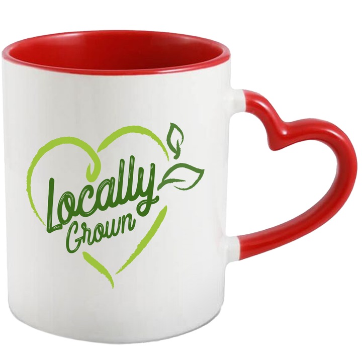 Cana Cu Mesaj In Engleza Locally Grown, Crescut Local, Inima, Frunza, Natural, Multicolor 330 ml, Ceramica cu Maner Inima Rosie