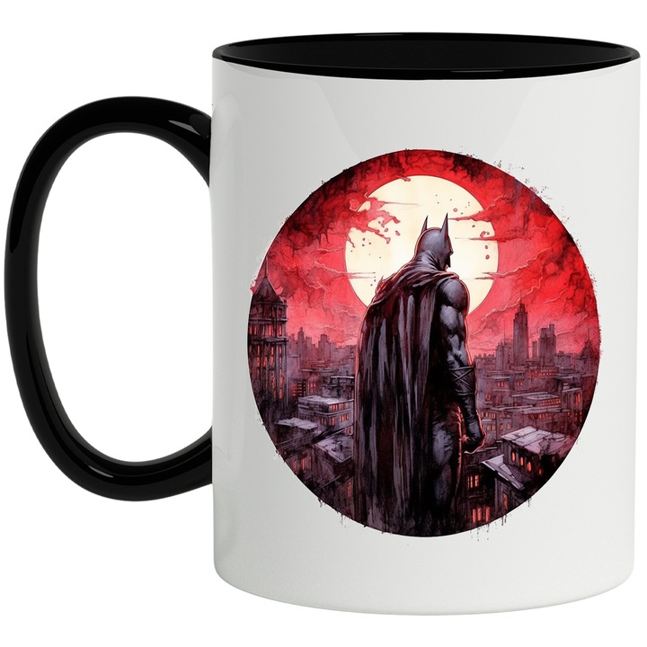 Cana Cu Batman, Gotham, DC, Oras, Luna, Cerc, Cer, Supereori, Multicolor 330 ml, Ceramica cu Maner Negru