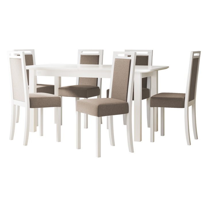 Set mobila bucatarie AL010 Masa extensibila Logan 90 x160/200 V S cu 6x Scaun tapitat Heven V, MIRJAN 24, alb / bej
