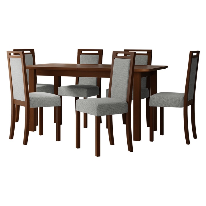 Set mobila bucatarie AL010 Masa extensibila Logan 90 x160/200 V S cu 6x Scaun tapitat Heven V, MIRJAN 24, nuc / gri deschis