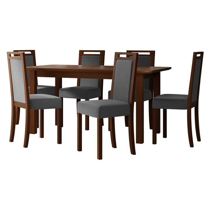 Set mobila bucatarie AL010 Masa extensibila Logan 90 x160/200 V S cu 6x Scaun tapitat Heven V, MIRJAN 24, nuc / gri
