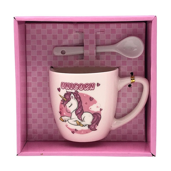 Керамична чаша, с лъжица, модел еднорог, 14х14см, многоцветна М3