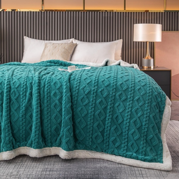 Patura cu blanita pentru pat dublu, Jojo Home, model tip Tricot, Uni, 200x230cm, Turcoaz