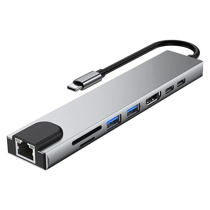 Techstar® SF8IN1 8 в 1 многофункционален хъб адаптер, HDMI 4K, USB-C, PD порт, 1 x USB 3.0, 1 x USB 2.0, LAN RJ45 Ethernet, SD/TF четец на карти, алуминиева сплав, сребрист