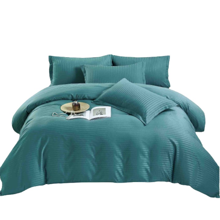 Двойно спално бельо, Jojo Home, Дамаск с ластик, 6 части, 2 лица, 230x250см, Тюркоаз