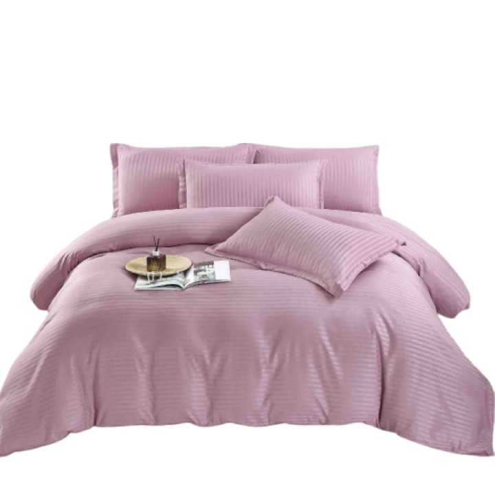 Двойно спално бельо, Jojo Home, Дамаск с ластик, 6 части, 2 лица, 230x250 см, Розово
