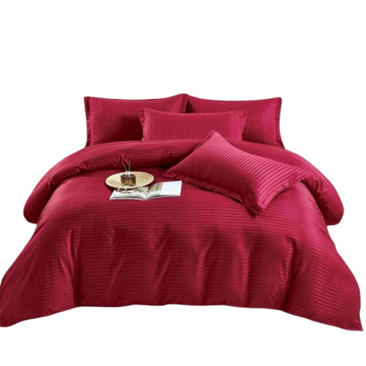 Lenjerie de pat dublu, Jojo Home, Damasc cu Elastic, 6 piese, 2 persoane, 230x250cm, Bordo