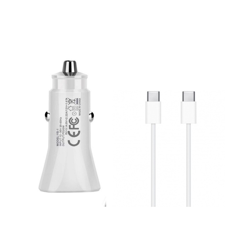 Set Incarcator Auto Fast Charge 20W si Cablu de Date Fast Charge 2M Type-C-to C, Compatibil cu Apple iPhone 15 / 15 Pro / 15 Pro Max