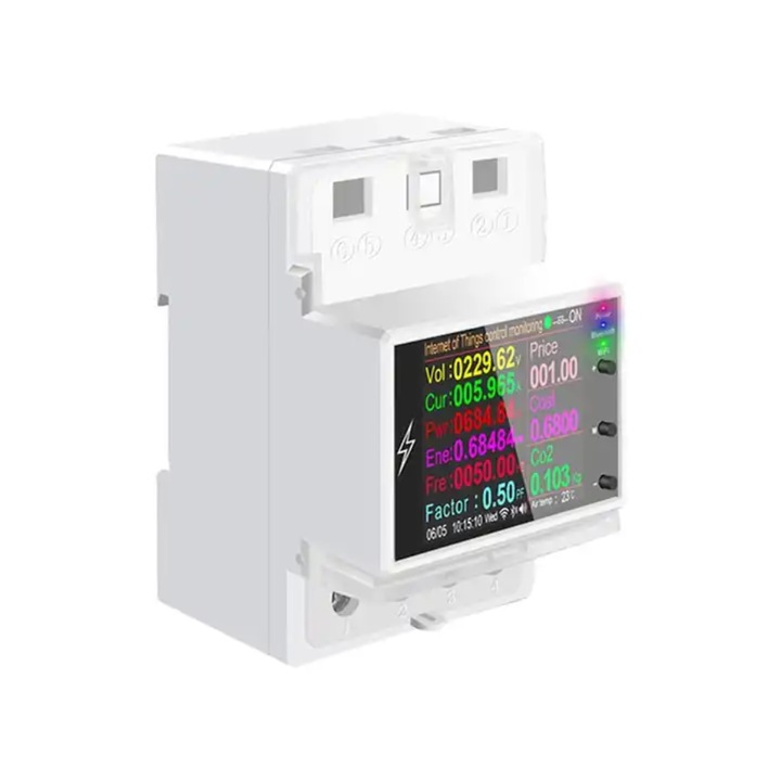 Egyfázisú villamosenergia-fogyasztásmérő, programozható védelmi relé, OPEN, TUYA, WiFi, 85V / 265V AC 50Hz / 60Hz, 100A, színes kijelző, felügyelet és vezérlés, fehér