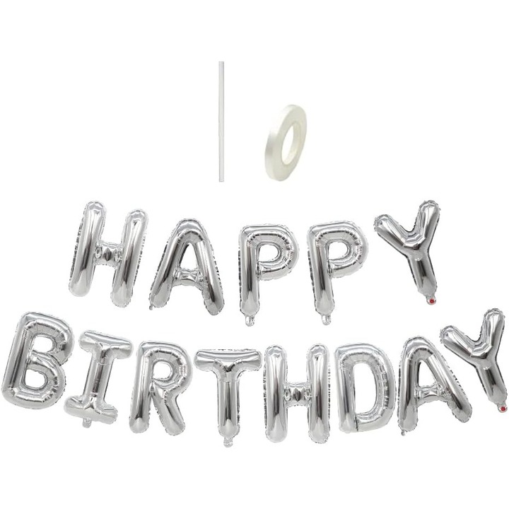 HAPPY BIRTHDAY lufi készlet, YinQin 40x40cm levél, ezüst