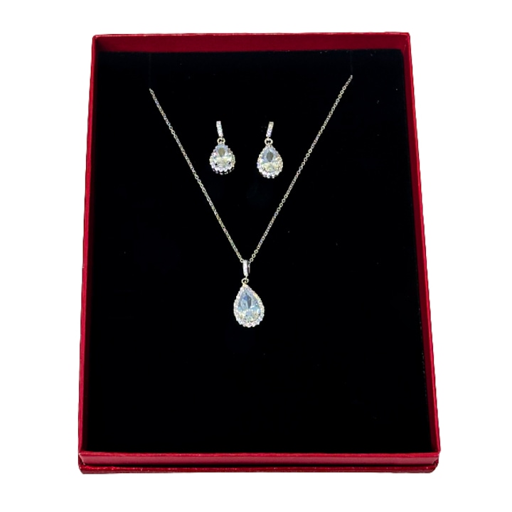Set accesorii Precious Cristal, din inox, cu cercei, lantic si pandantiv, stilizat cu pietre semipretioase si cristale, in cutie cadou, Argintiu, Velve