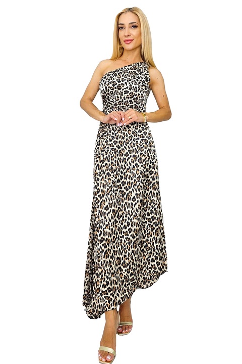 Асиметрична плисирана рокля Елза, с изрезка в областта на талията, Животински принт - леопард, Бежова, Универсален размер S/M