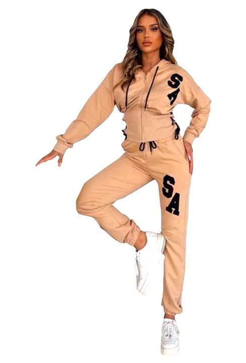 Trening Sport Action, pantaloni si bluza cu gluga si legare laterala, Crem