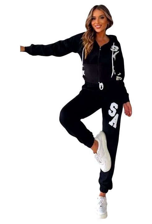 Trening Sport Action, pantaloni si bluza cu gluga si legare laterala, Negru