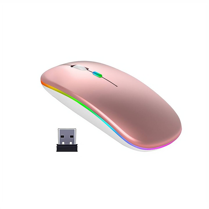 Vezeték nélküli egér Fbirddek™ 518 Bluetooth 5.1 és 2,4 GHZ, 7 szín LED-ekkel, USB vevő, némítás, 4 gomb, állítható 800/1200/1600 DPI, ergonomikus, PC Mac laptophoz, 500 mAh, RGB világítás, Rose Gold