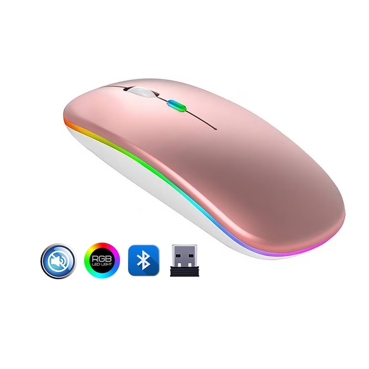 Безжична мишка Fbirddek® 518 Bluetooth 5.1 и 2.4GHZ, 7 цвята със светодиоди, USB приемник, заглушаване, 4 бутона, регулируема 800/1200/1600DPI, ергономична, за лаптоп PC Mac, 500mAh, RGB осветление, розово злато