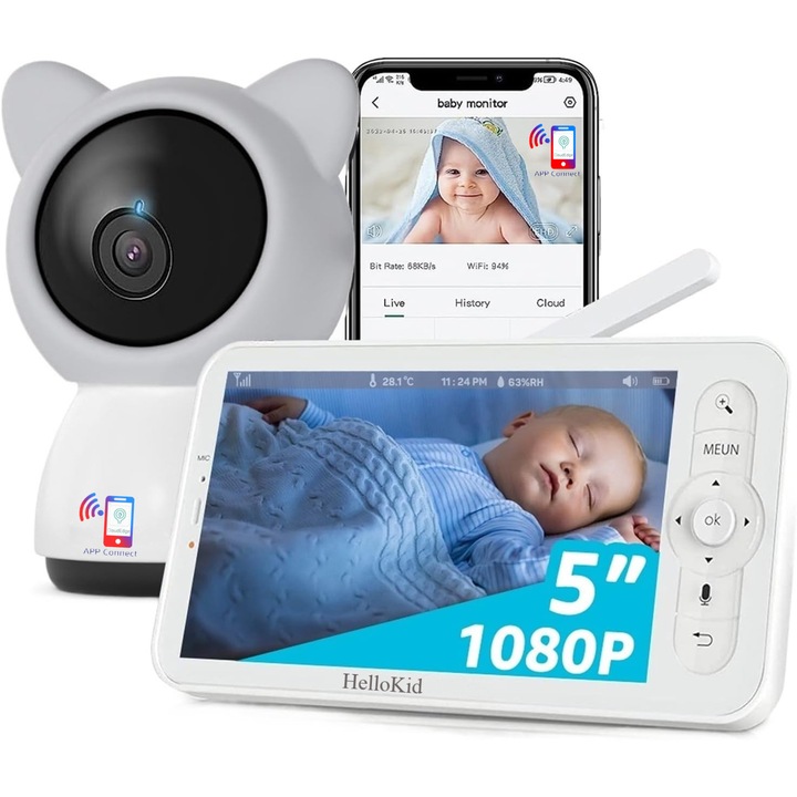 Baby Monitor WiFi 2in1 Multi View HelloKid™ DUO 5” Night Vision, Aplicatie Telefon, 355°/90°, Zoom 4X, Two-Way Audio, 3000mAh, Interfon, Apel, Notificari Miscare, Sunet, Temperatura, Umiditate, Cantece, Mod ECO, Gray/White