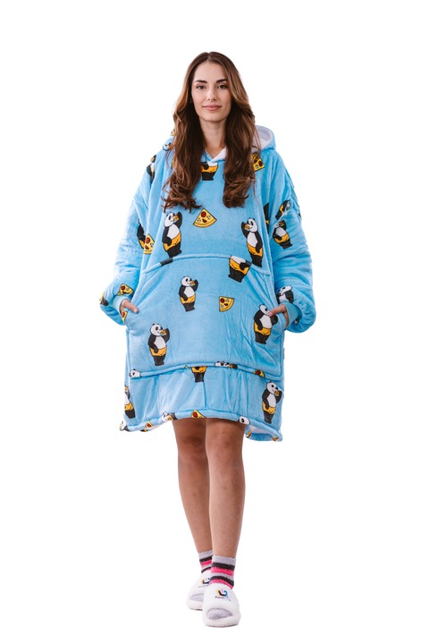 Hanorac patura superpufos, Panda Hug, super urias, albastru pizza, marime universala