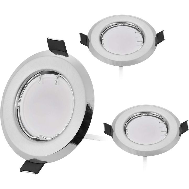 Комплект от 3 ултра-плоски LED прожектора за вграждане с 3x5W регулируема крушка, 220V спот модул, 55mm пробиване, регулируем, топло бяло 3000K, 120° ъгъл на лъч
