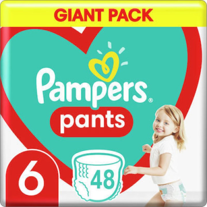 Пелени Pampers Pants, размер 6, 15+ кг, комплект 48 бр, бързо попиване, 360 еластичност