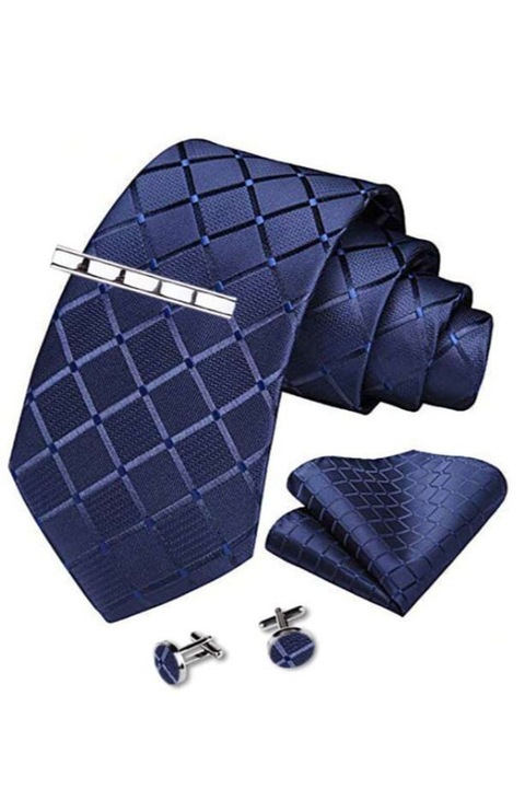 Set Cravata, Batista, Butoni si Ac de Cravata, Albastru, 148 x 8 cm, model romburi