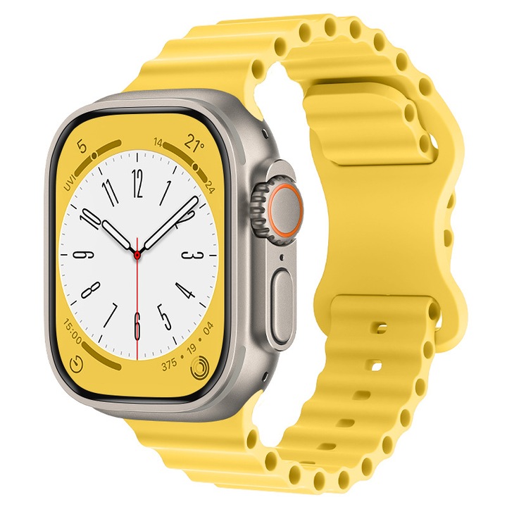 Силиконова каишка LUVLU™, съвместима с Apple Watch Ultra/SE/8/7/6/5/4/3/2/1 - Дисплей 42/44/45/49MM затваряне тип пеперуда, регулируема, удобна и лека, Ocean Band, жълта