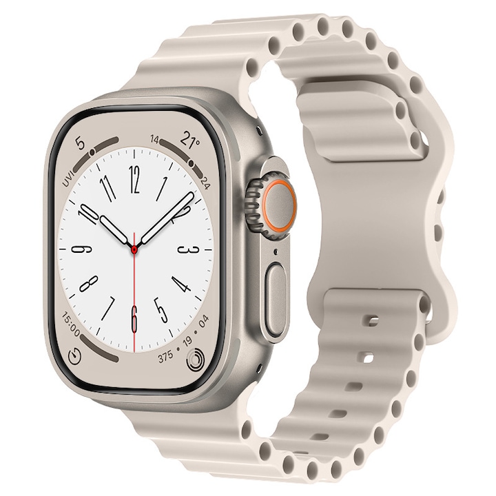 Силиконова каишка LUVLU™, съвместима с Apple Watch Ultra/SE/8/7/6/5/4/3/2/1 - Дисплей 42/44/45/49MM затваряне тип пеперуда, регулируема, удобна и лека, Ocean Band, Starlight