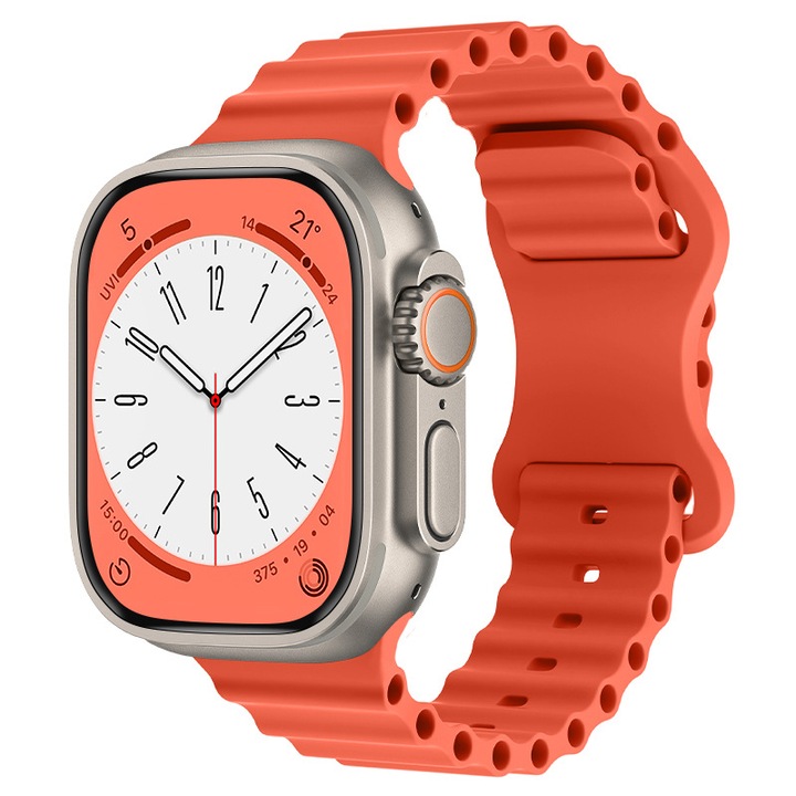 Силиконова каишка, съвместима с Apple Watch Ultra/SE/8/7/6/5/4/3/2/1 - 42/44/45/49MM затваряне тип пеперуда, регулируема, удобна и лека, Ocean Band Style, LUVLU
