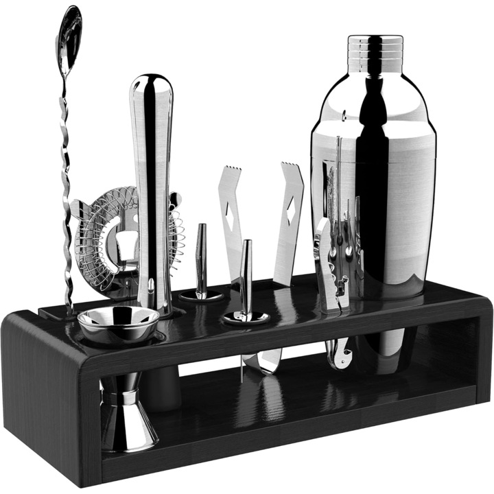 Set Cocktail Shaker, BYONDSELF®, Suport bambus negru, 10 piese, Set barman pentru preparare bauturi, Otel inoxidabil, Cu tirbuson