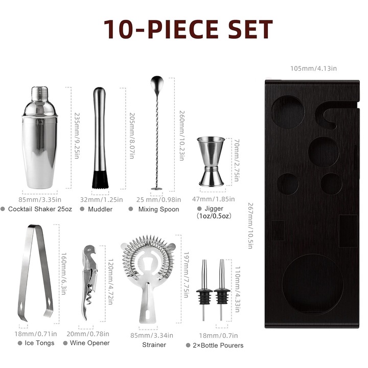 Set Cocktail Shaker, BYONDSELF®, Suport bambus negru, 10 piese, Set barman pentru preparare bauturi, Otel inoxidabil, Cu tirbuson